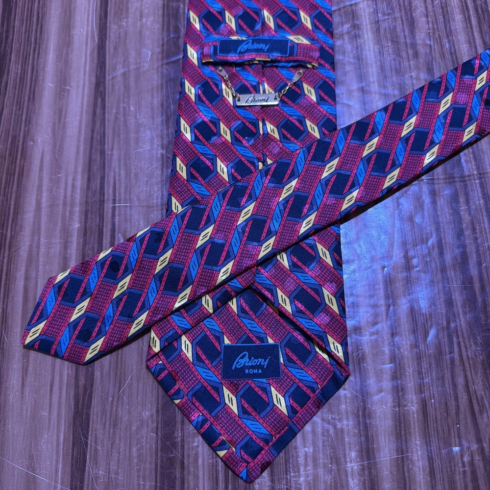 Brioni Tie Mens‎ Red Yellow Blue Silk Abstract Made in Italy Designer 3.75"x60"
